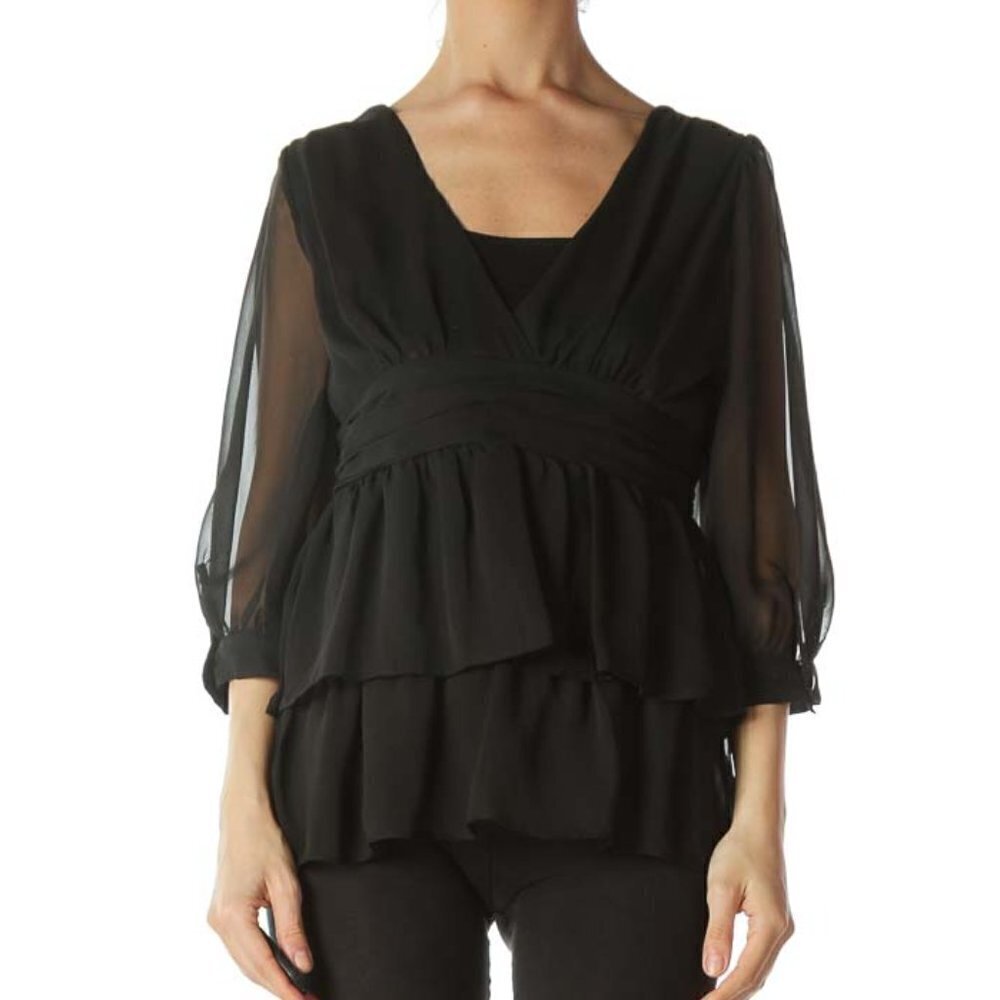 essentials by ABS Black Chiffon See-Through Long-Sleeve Blouse